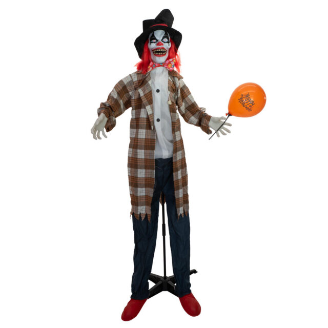 Animoitu Halloween-klovnihahmo mustassa hatussa ja ruudullisessa takissa