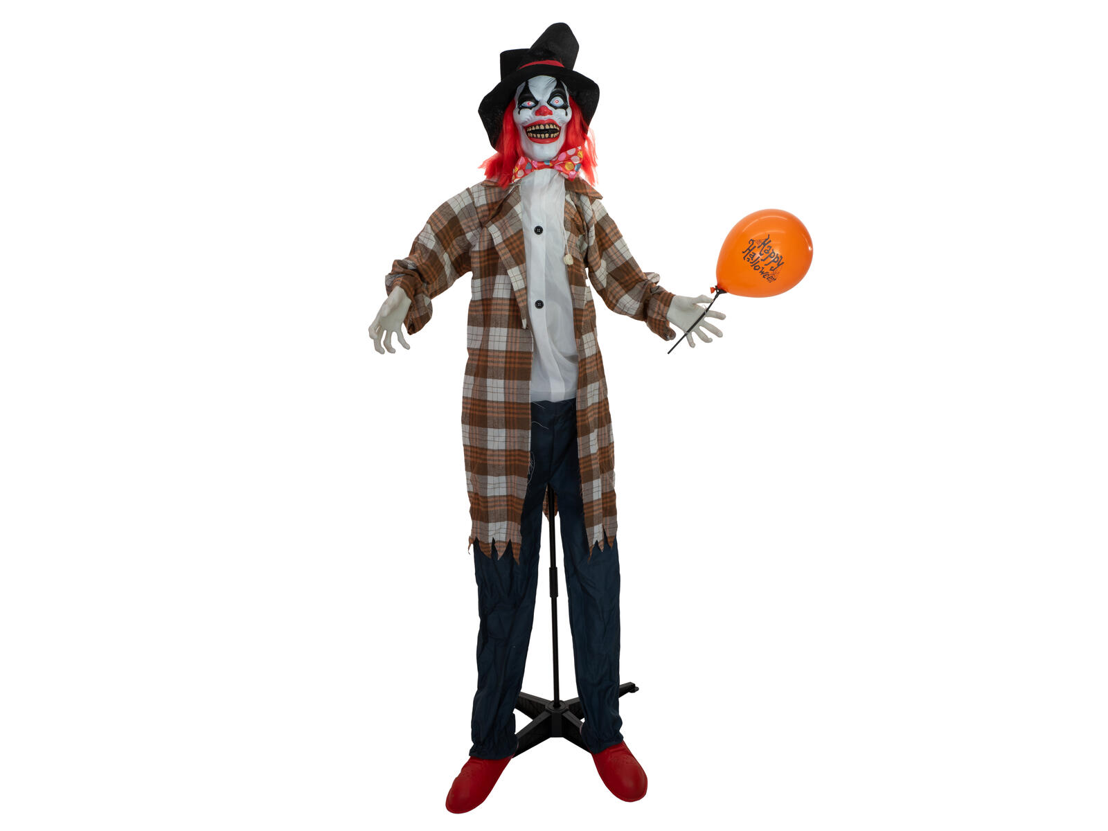 Animoitu Halloween-klovnihahmo mustassa hatussa ja ruudullisessa takissa