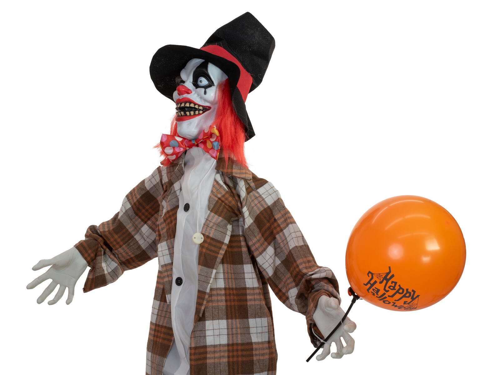 Animoitu Halloween-klovnihahmo mustassa hatussa ja ruudullisessa takissa