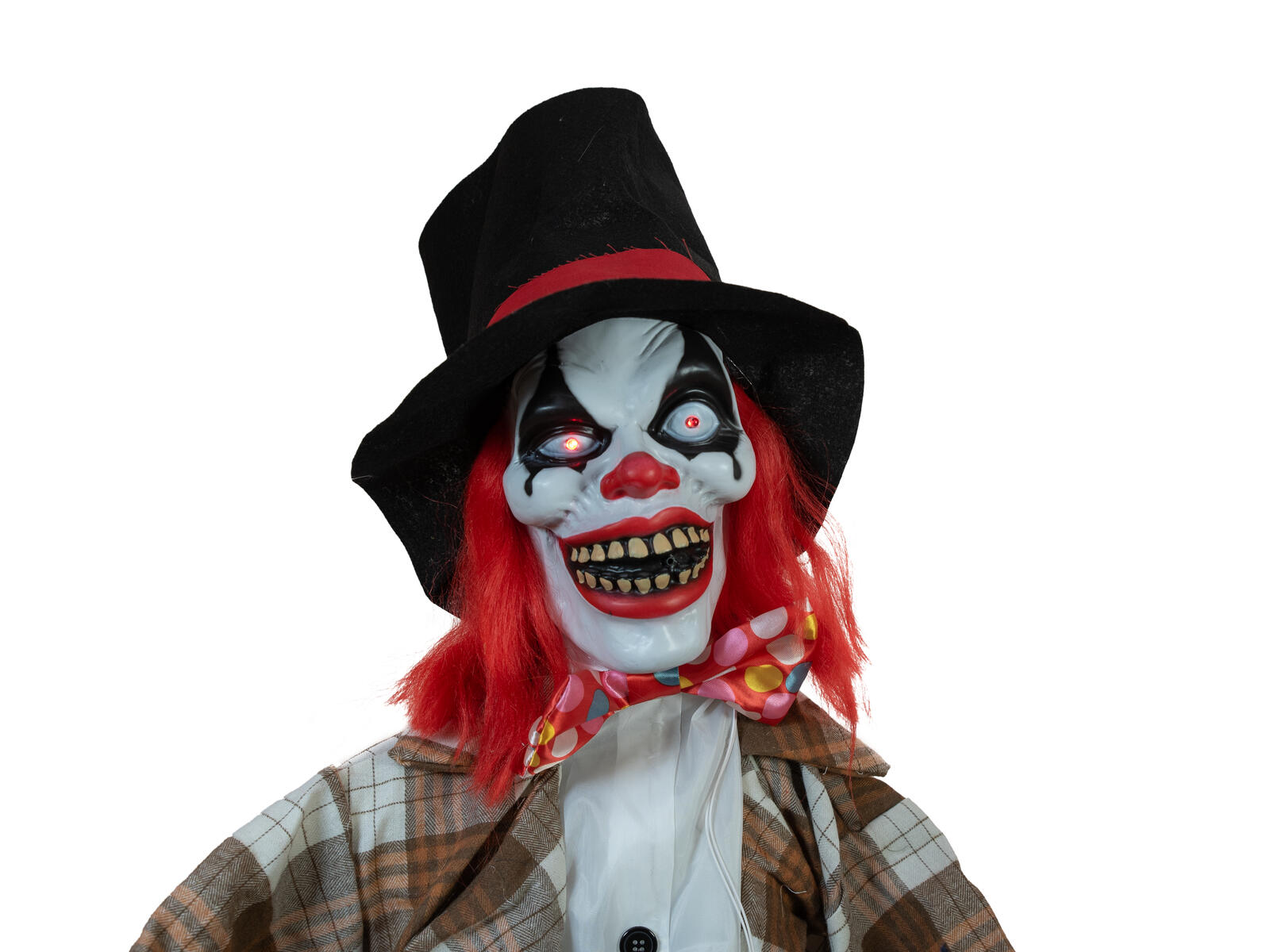 Animoitu Halloween-klovnihahmo mustassa hatussa ja ruudullisessa takissa