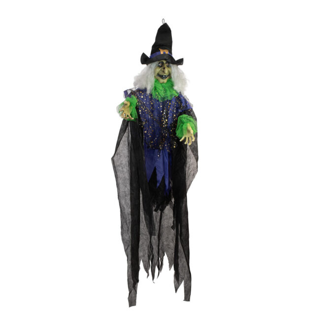 Ripustettava animoitu Halloween-noitahahmo mustassa ja sinisessä asussa