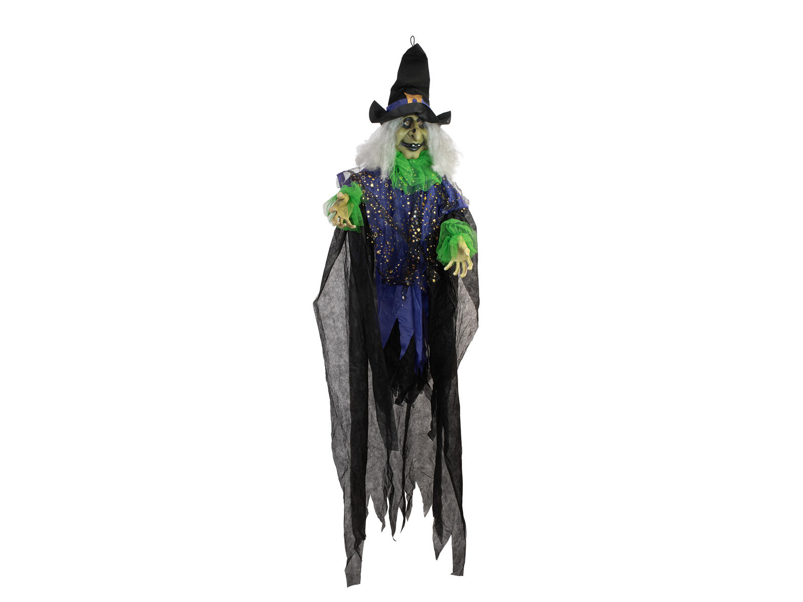 Ripustettava animoitu Halloween-noitahahmo mustassa ja sinisessä asussa