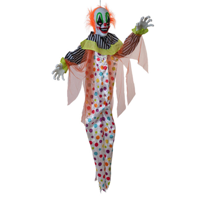 Animoitu riippuva Halloween-klovni värikkäässä asussa