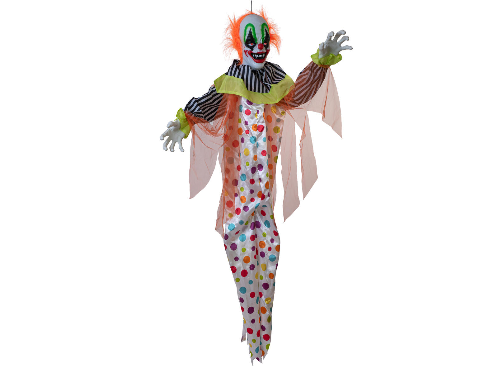 Animoitu riippuva Halloween-klovni värikkäässä asussa