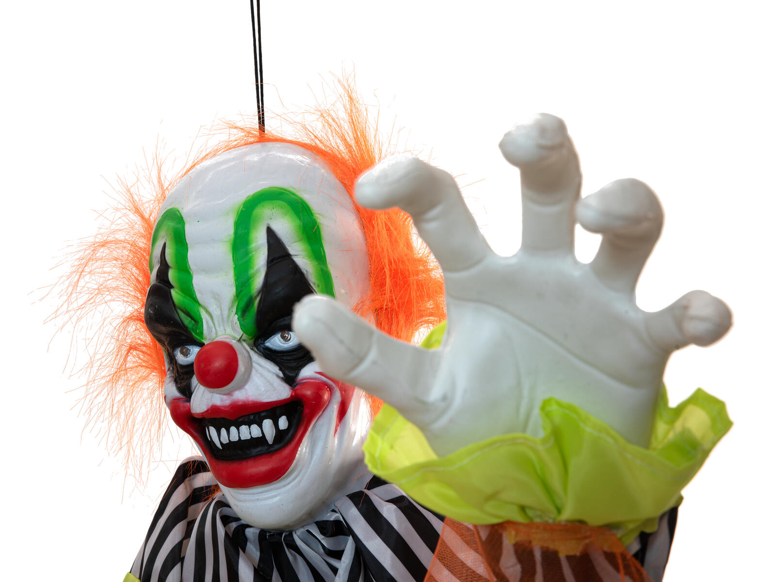 Animoitu riippuva Halloween-klovni värikkäässä asussa