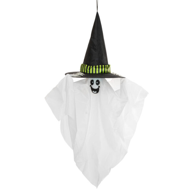 Valkoinen riippuva Halloween-haamuhahmo mustalla hatulla