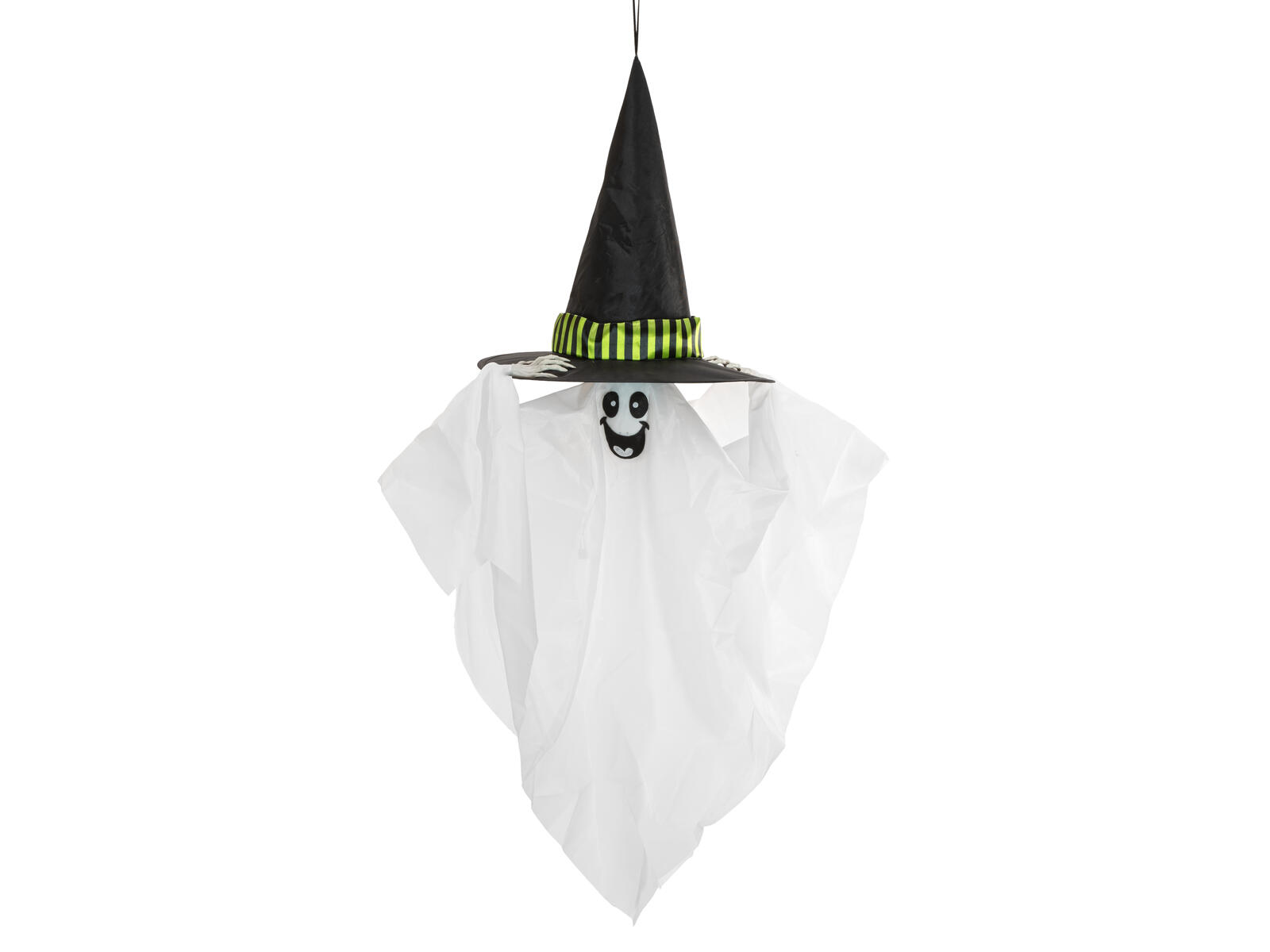 Valkoinen riippuva Halloween-haamuhahmo mustalla hatulla