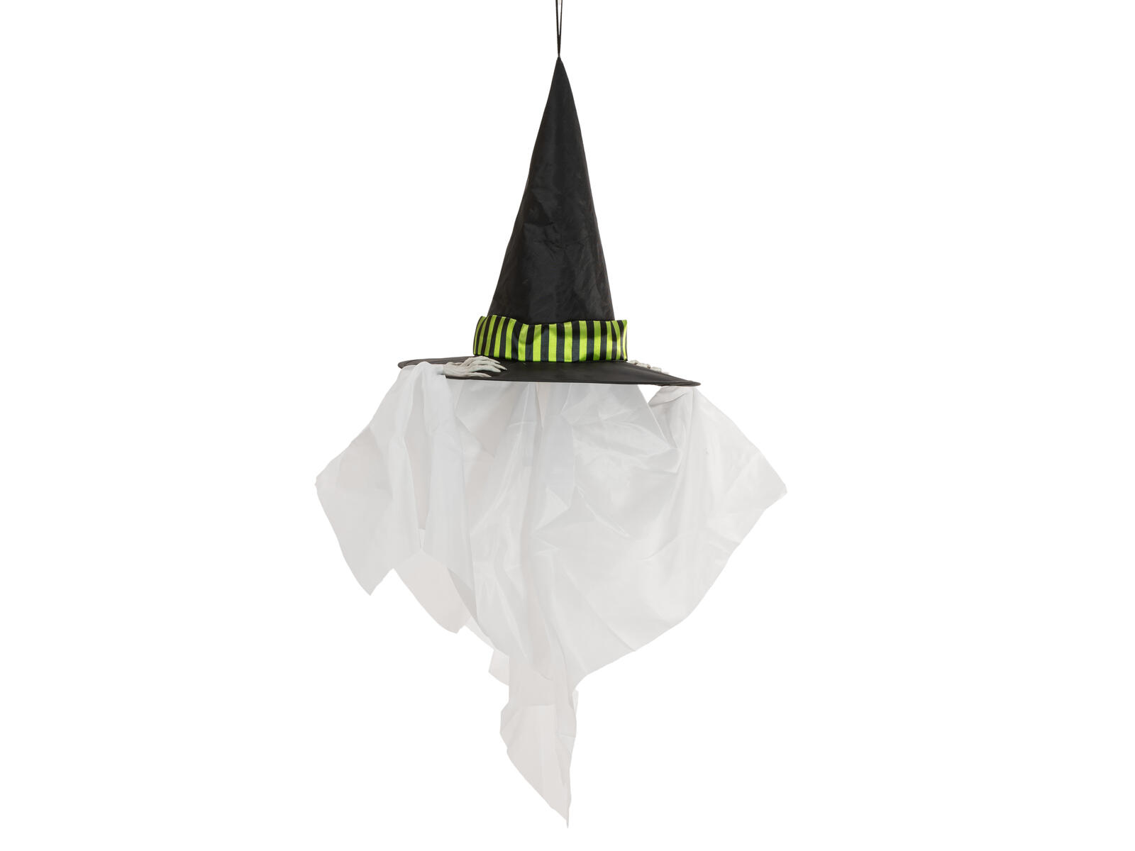 Valkoinen riippuva Halloween-haamuhahmo mustalla hatulla