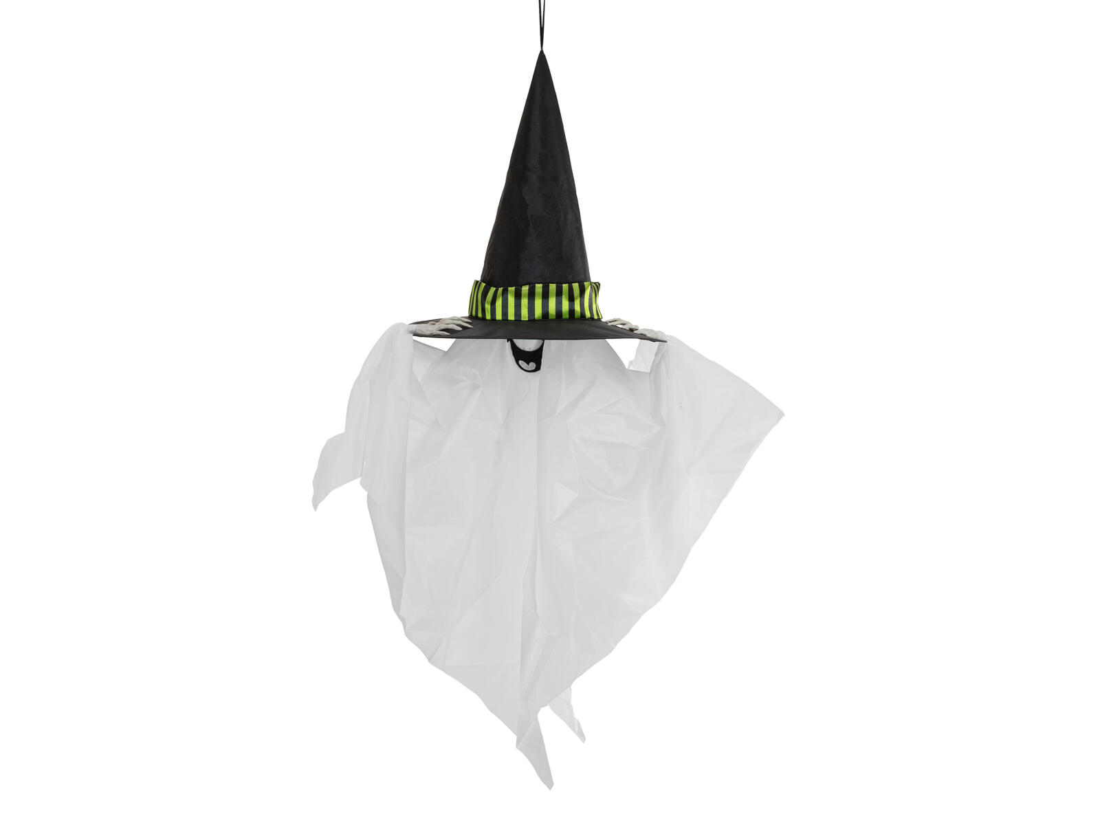 Valkoinen riippuva Halloween-haamuhahmo mustalla hatulla