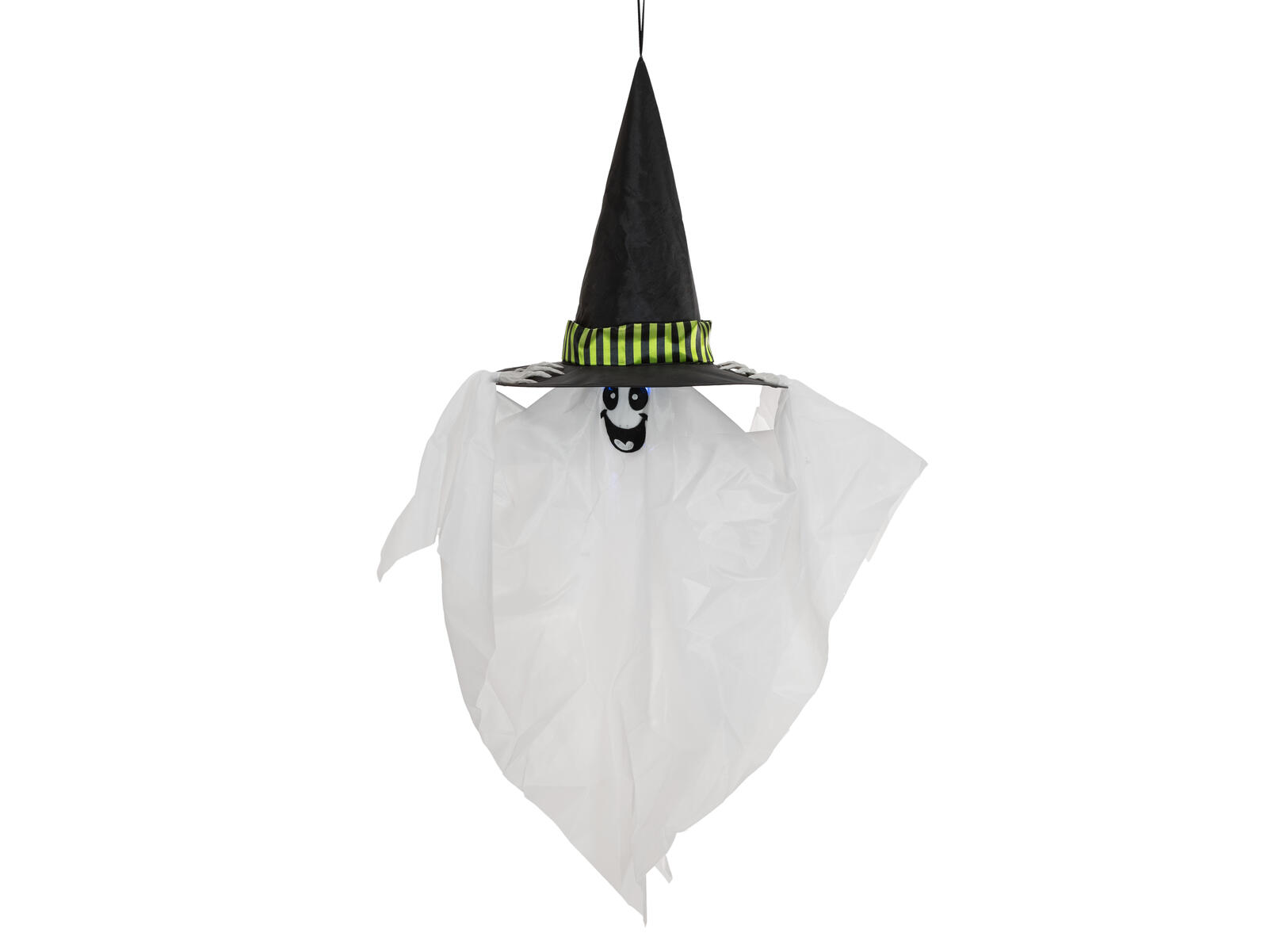Valkoinen riippuva Halloween-haamuhahmo mustalla hatulla