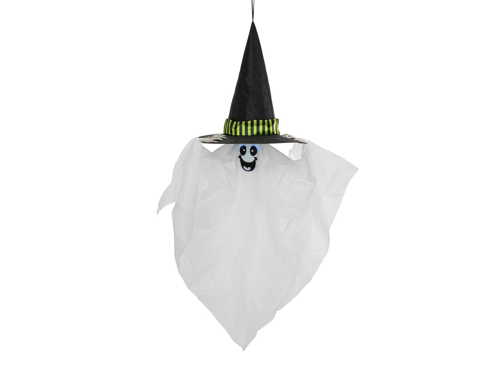 Valkoinen riippuva Halloween-haamuhahmo mustalla hatulla