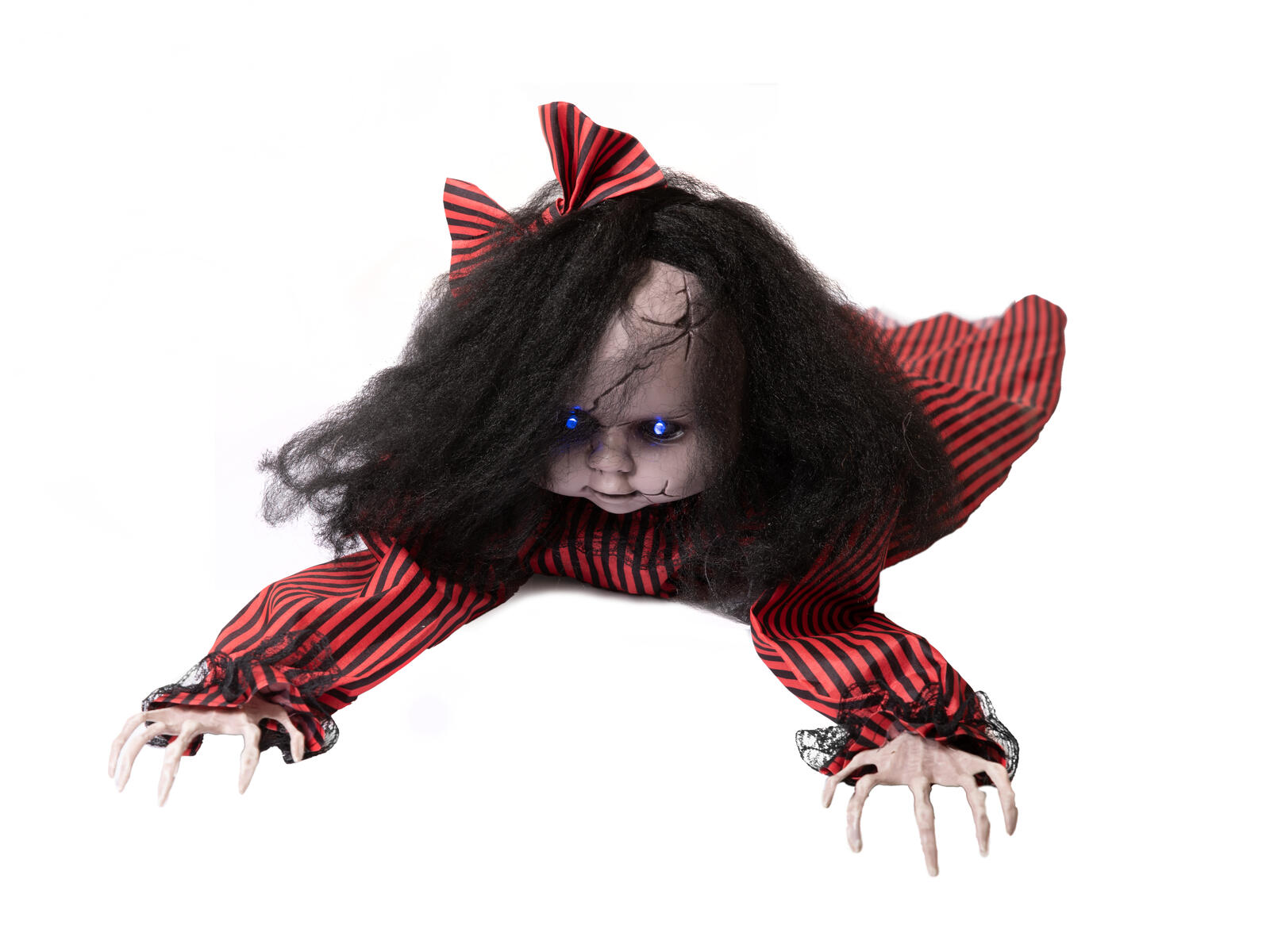 Punamustaan raidalliseen asuun pukeutunut ryömivä Halloween-hahmo