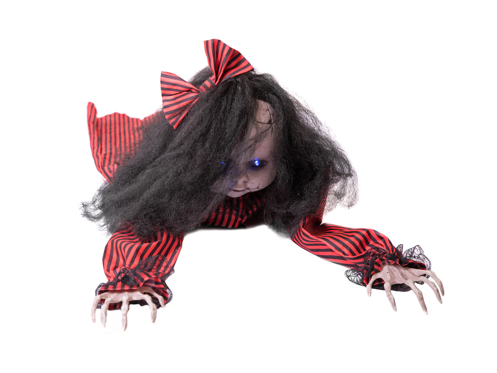 Punamustaan raidalliseen asuun pukeutunut ryömivä Halloween-hahmo
