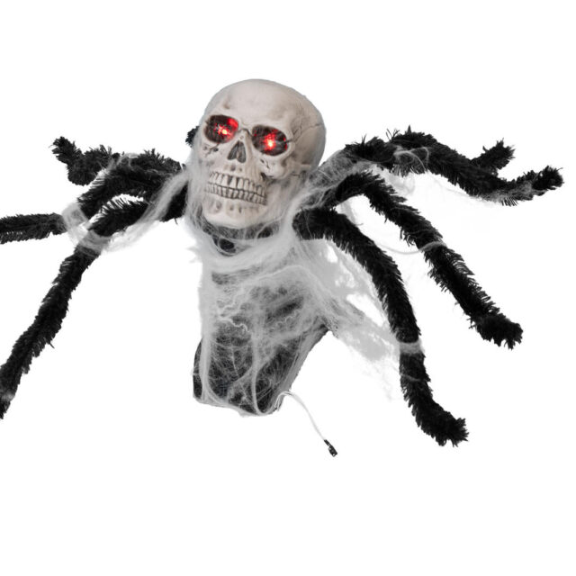 Musta animoitu Halloween-hämähäkki pääkallolla ja punaisina loistavilla silmillä