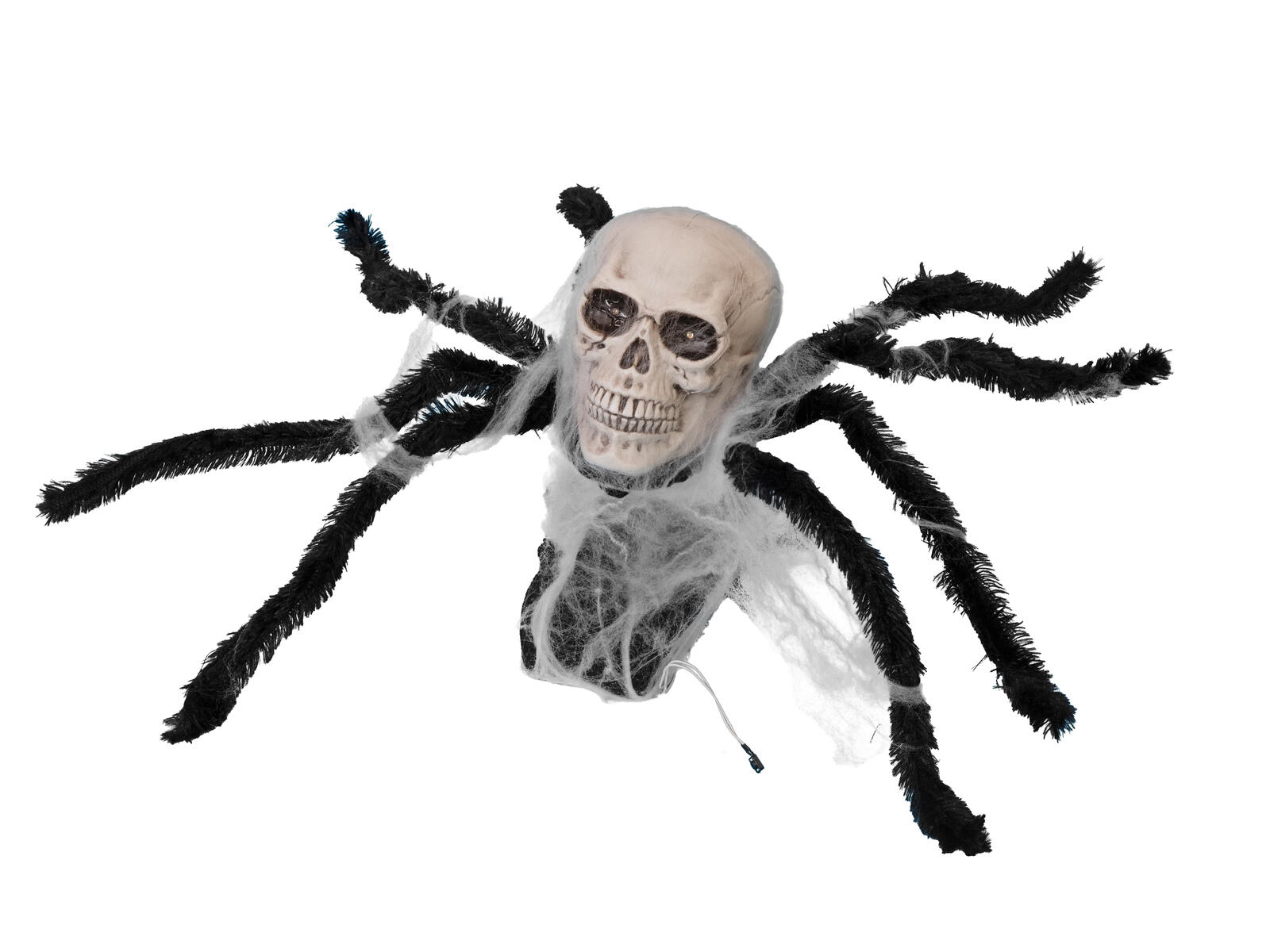 Musta animoitu Halloween-hämähäkki pääkallolla ja punaisina loistavilla silmillä