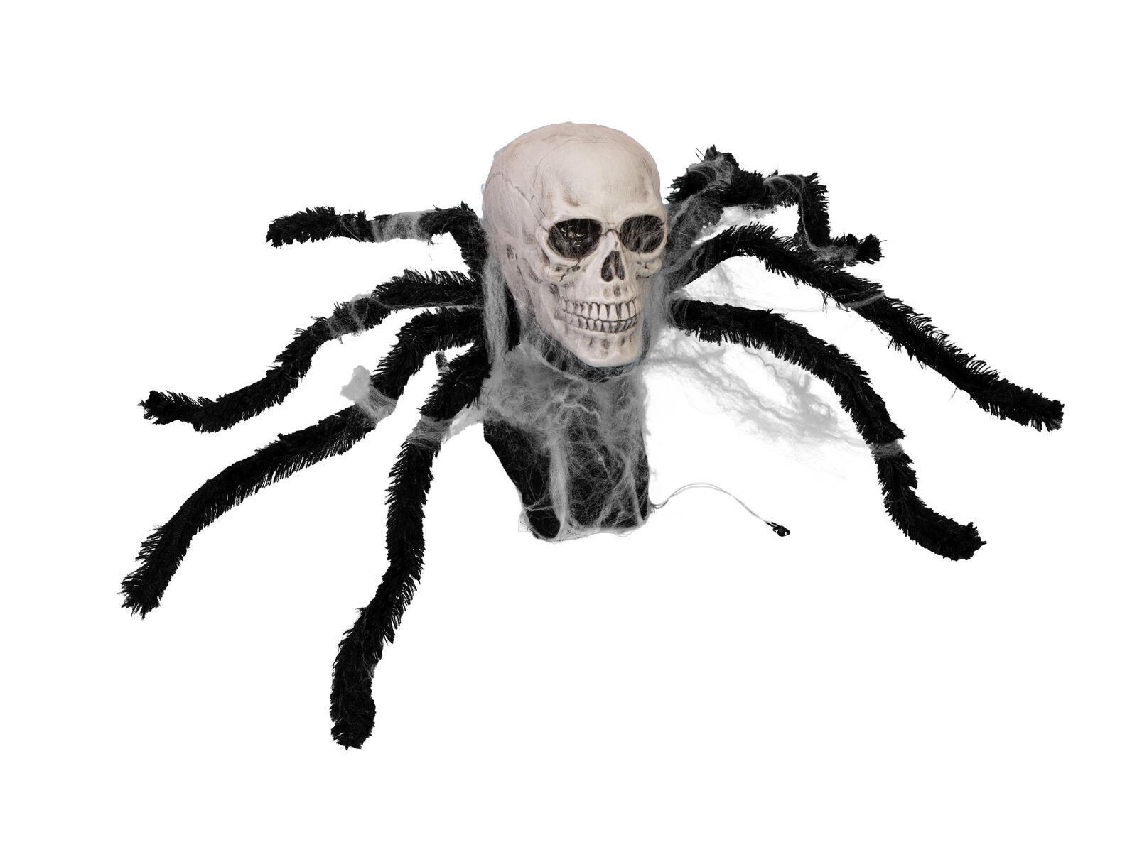 Musta animoitu Halloween-hämähäkki pääkallolla ja punaisina loistavilla silmillä