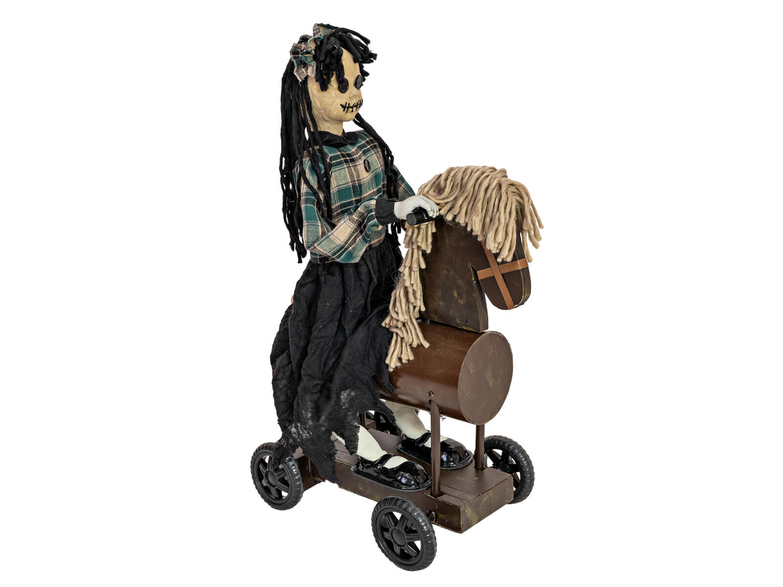 Animoitu Halloween-tyttöhahmo ponin selässä pyörällisellä alustalla
