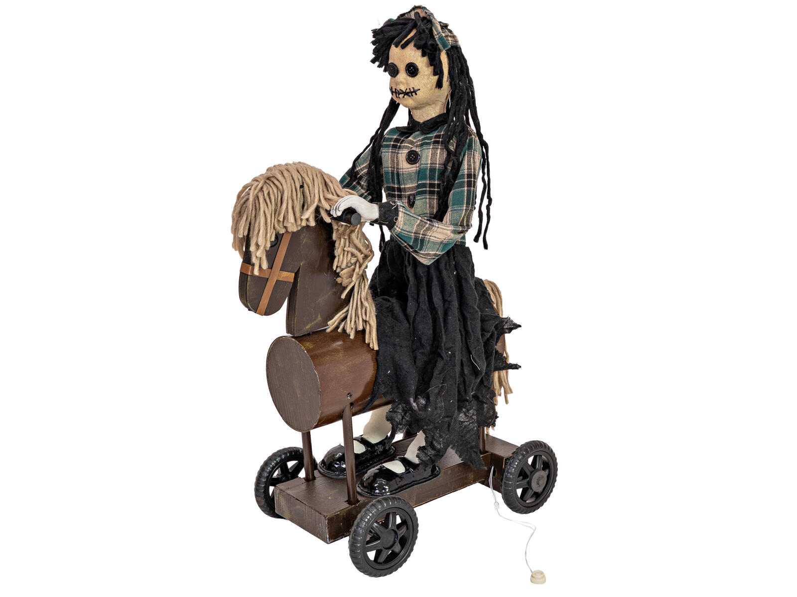 Animoitu Halloween-tyttöhahmo ponin selässä pyörällisellä alustalla