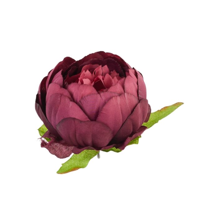 Tummanvioletti tekopionin kukkapää vihreillä lehdillä
